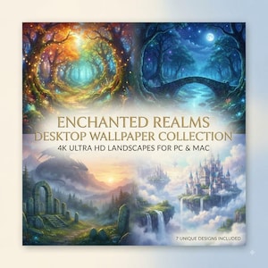 May include: A digital collection titled ENCHANTED REALMS DESKTOP WALLPAPER COLLECTION 4K ULTRA HD LANDSCAPES FOR PC & MAC. The image displays four fantasy scenes including a glowing forest, a moonlit stone bridge, a dragon, and a floating castle.