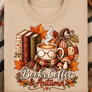 Puede incluir: Una sudadera beige de cuello redondo con un estampado gráfico de tres libros, una taza de café humeante con gafas redondas, una calabaza a cuadros, setas y hojas de otoño. El texto "Books, Coffee & Autumn" está impreso en una fuente cursiva decorativa.