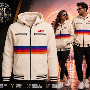 May include: A cream-colored fleece hoodie featuring a full-length black zipper, a hood with drawstrings, and ribbed cuffs. The chest displays a horizontal stripe pattern in purple, blue, red, and orange, with the red text PHM on the upper left.