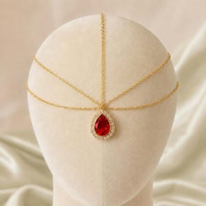 Ruby Red Bridal Headpiece | Gold Matha Patti Maang Tikka | Indian Wedding Hair Jewelry | Pakistani Bridal Head Chain | Prom Hair Accessory