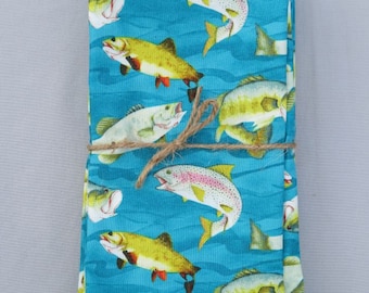 Gone Fishing Set of 6 100% Cotton Napkins on Teal