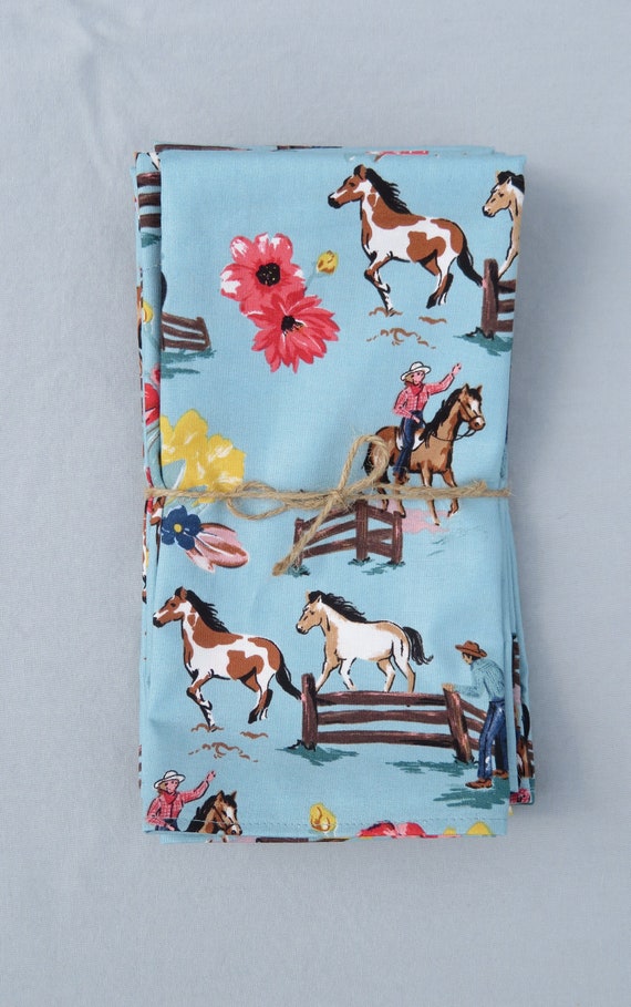 Set of 6 Sky Blue "Wild Rose" Cowboy 100 % Cotton Napkins