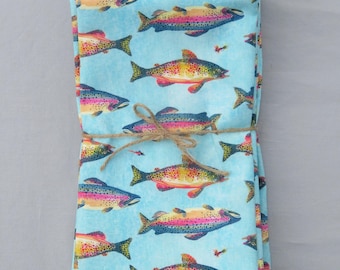 Trout Napkins  set of  6100% Cotton on Light Turquoise