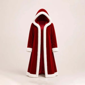 Cappotto da Babbo Natale da donna in velluto rosso, vestaglia natalizia con cappuccio e bordo in pelliccia sintetica bianca, costume lungo per le feste, abito invernale festivo