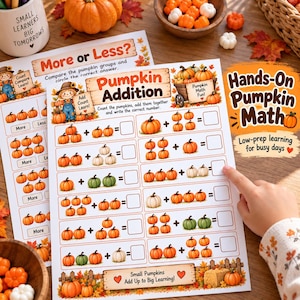 Puede incluir: Una hoja de trabajo educativa impresa titulada Pumpkin Addition que presenta filas de problemas matemáticos con ilustraciones de calabazas naranjas, verdes y blancas, signos de suma y casillas vacías, decorada con hojas de otoño y un espantapájaros.