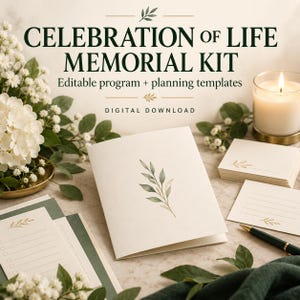 以下が含まれることがあります： 編集可能なプログラムと計画テンプレートを含む、Celebration of Lifeメモリアルキットのデジタルダウンロード。クリーム色のカードと小冊子、緑の葉のイラスト、火のついたキャンドル、白い花が含まれています。