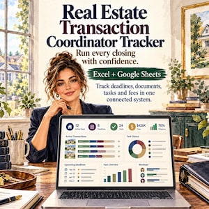 May include: A digital Real Estate Transaction Coordinator Tracker for Excel and Google Sheets displayed on a laptop screen. The interface shows active deals, deadlines, tasks, and fees with charts and progress bars to manage real estate workflows.