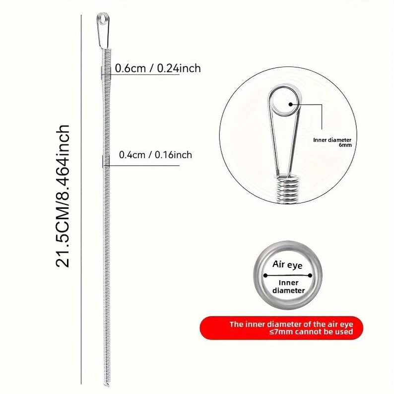 May include: A silver metal spring tool measuring 8.464 inches in total length. It features a 0.24 inch top width and 0.16 inch body width. A circular inset shows a 6mm inner diameter loop, and a bottom inset shows an air eye with a 7mm limit.