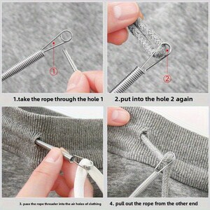May include: A metal spring-style drawstring threader tool shown in a four-step instructional sequence. The tool features a flexible coiled body and a wire loop end for feeding cords through fabric casings, demonstrated on grey fabric.