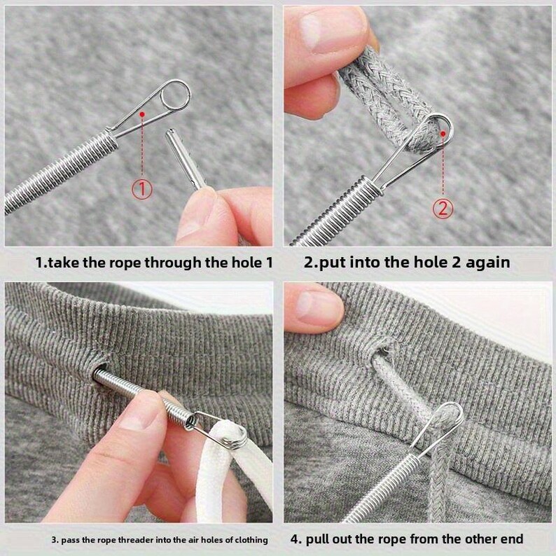 May include: A metal spring-style drawstring threader tool shown in a four-step instructional sequence. The tool features a flexible coiled body and a wire loop end for feeding cords through fabric casings, demonstrated on grey fabric.