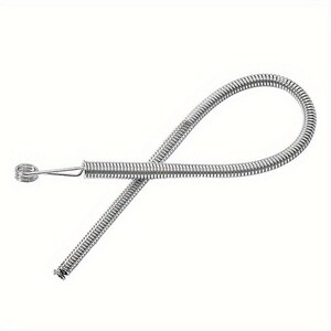 May include: A flexible silver-colored metal spring tool featuring a long, coiled wire body that loops back on itself. One end terminates in a small, tightly wound circular coil, while the other end remains open, showcasing the uniform metallic texture.