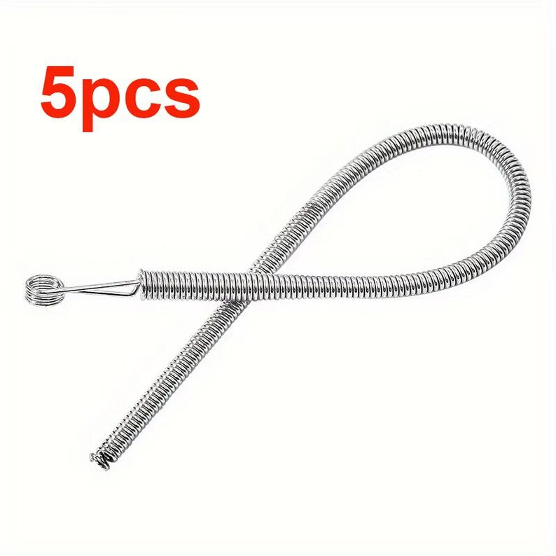 May include: A silver-colored metal spring tool with a flexible coiled body and a small looped end. The text 5pcs is displayed in red in the upper left corner. This flexible wire device features a continuous spiral design throughout its length.