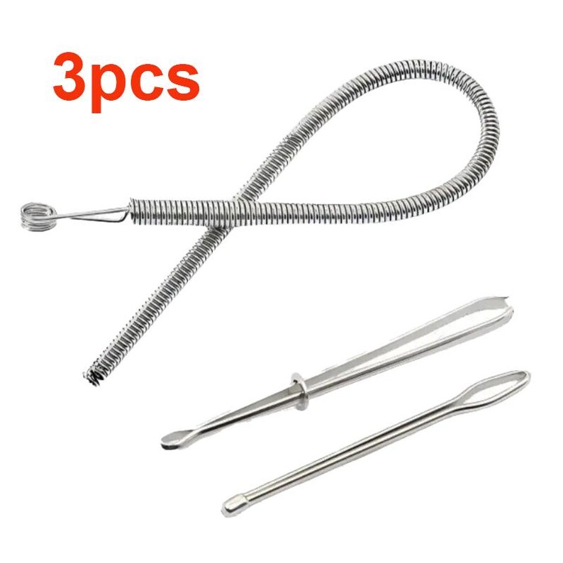 May include: A set of 3pcs silver-toned metal tools including a long flexible spring-loaded wire loop, a slender tweezer-like tool with a sliding ring, and a thin needle-like tool with a looped end, all designed for threading or grooming tasks.