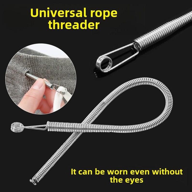 May include: A silver-colored metal universal rope threader featuring a flexible coiled spring body and a looped end. The tool is shown in a full view and a circular inset demonstrating its use for threading a white cord through gray fabric.