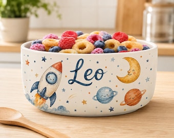Personalisierte Keramikschüssel für Kinder, Weltraumschüssel mit individuellem Namen, Müslischale mit Raketen- und Planetenmotiv, Frühstücksschüssel für Kinder, Geschenk für Weltraumfans