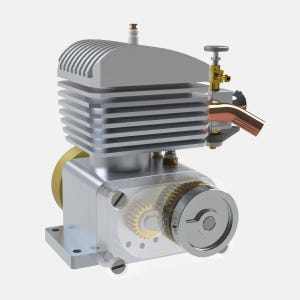 May include: A small internal combustion engine featuring a silver finned cylinder head, a transparent front cover revealing internal brass gears, a copper exhaust pipe, and a gold-colored flywheel, all mounted on a rectangular metal base.