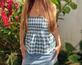 Palaka Woven Cotton Tube Top: Hawaiian Peplum Gingham