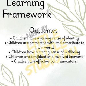 May include: A white educational poster titled Early Years Learning Framework Outcomes with black text listing five points about children's identity, connection, wellbeing, learning, and communication, decorated with light green line art leaf illustrations.