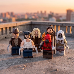 Könnte beinhalten: Eine Sammlung von sechs Kunststoff-Minifiguren, die zusammenstehen. Die Figuren umfassen einen Cowboy, eine Figur mit Koteletten und Krallen, eine langhaarige Figur, eine Figur mit Stab, eine rot maskierte Figur mit Schwert und eine Figur mit Kapuze und Krallen.
