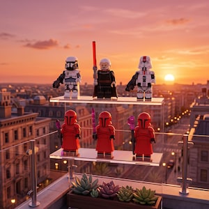May include: A two-tiered clear acrylic display stand holding six plastic minifigures. The top shelf features three figures, including one with a red lightsaber. The bottom shelf holds three red-armored figures. A succulent planter sits below.