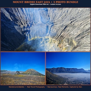 May include: A digital download wall art bundle featuring three photographs of Mount Bromo in East Java. The top image shows a volcanic crater with grey textures and yellow sulfur deposits. The bottom images display a grassy mountain and a misty valley.