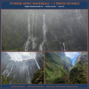 May include: A digital wall art bundle featuring three photographs of Tumpak Sewu Waterfall. The images display cascading water streams over dark, moss-covered rock cliffs under a cloudy sky. Text includes Tumpak Sewu Waterfall 3 Photo Bundle.