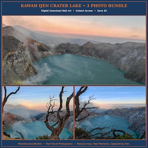 Può includere: Un set di tre foto del lago del cratere Kawah Ijen con un lago turchese circondato da montagne vulcaniche rocciose sotto un cielo al tramonto. Le immagini includono sagome in primo piano di rami d'albero spogli e vapore vulcanico.