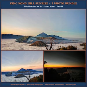 May include: A digital wall art bundle titled KING KONG HILL SUNRISE featuring three landscape photographs of volcanic mountains rising above a sea of clouds at sunrise, with text overlays including Digital Download Wall Art and Instant Access.