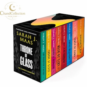 May include: A boxed book set titled Throne of Glass: The Complete Collection by Sarah J. Maas. The black box features white text and a pine tree pattern. The spines of the eight books are visible, each in a different colour with the author's name.