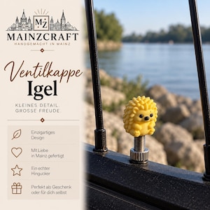 Könnte beinhalten: Eine gelbe Ventilklappe in Igelform mit schwarzen Augen und strukturiertem Rücken, ausgestattet mit einem metallischen Gewindesockel. Das Bild enthält Text mit MAINZCRAFT, Ventilkappe Igel, Kleines Detail. Grosse Freude und weiteren Phrasen.