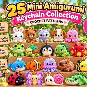 May include: A digital collection of 25 mini amigurumi keychain crochet patterns featuring various colorful creatures like a bunny, bear, cat, dog, octopus, frog, turtle, penguin, dinosaur, dragon, whale, fish, jellyfish, capybara, bee, ladybug, butterfly, snail, and crocodile.