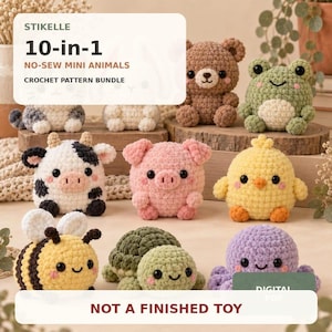Op de afbeelding: Een digitaal haakpatroonpakket getiteld 10-in-1 NO-SEW MINI ANIMALS met afbeeldingen van een bruine beer, groene kikker, zwart-witte koe, roze varken, geel kuiken, bij, schildpad en paarse octopus. GEEN AFGEWERKT SPEELGOED.