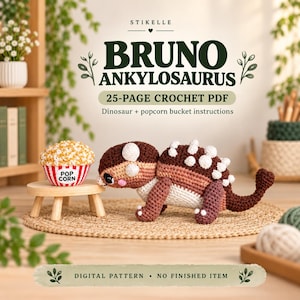Peut inclure: Un modèle de crochet PDF de 25 pages intitulé STIKELLE BRUNO ANKYLOSAURUS. Le modèle numérique contient des instructions pour un dinosaure ankylosaure crocheté marron et blanc et un seau à pop-corn rouge et blanc. Modèle numérique.