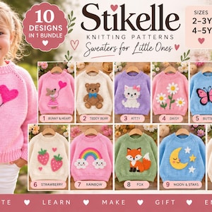 Puede incluir: Un paquete de descarga digital de 10 patrones de tejido para suéteres infantiles titulado Stikelle. La imagen muestra varios diseños de suéteres con motivos como un conejo, oso de peluche, gatito, margarita, mariposa, fresa, arcoíris, zorro, luna y cordero.