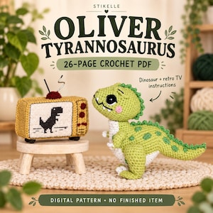 Peut inclure: Un modèle de crochet PDF de 26 pages intitulé Oliver Tyrannosaurus, incluant des instructions pour un dinosaure crocheté vert et une télévision rétro jaune. Le texte indique Stikelle, Oliver Tyrannosaurus, 26-page crochet PDF et digital pattern.