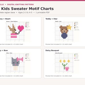 Op de afbeelding: Een digitaal breipatroondocument getiteld 10 Kids Sweater Motif Charts met vier 21x21 steekrasterontwerpen: een konijn met hartballon, een beer met ster, een katje met strik en een madeliefjesboeket, inclusief bijbehorende kleurcodes.