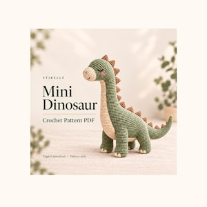 May include: A green and cream-colored crocheted dinosaur toy with a long neck, a row of brown spikes along its back, and closed eyes. The text reads: STIKELLE Mini Dinosaur Crochet Pattern PDF. Digital download, pattern only.