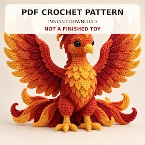 May include: A PDF crochet pattern for a phoenix with wings spread, featuring red, orange, and yellow yarn. The text reads PDF CROCHET PATTERN, INSTANT DOWNLOAD, NOT A FINISHED TOY. The phoenix has black eyes and a yellow beak, with detailed feather textures.