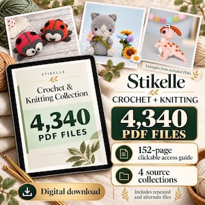 Op de afbeelding: Een digitale collectie van 4.340 haak- en brei-PDF-bestanden van Stikelle, met tabletweergave, een klikbare toegangsgids van 152 pagina's en vier broncollecties. Bevat afbeeldingen van gehaakte lieveheersbeestjes, een kat en een dinosaurus.