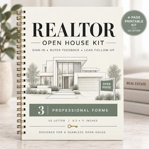 May include: A spiral-bound Realtor Open House Kit with a cream cover featuring a black line drawing of a modern house. Text includes Realtor Open House Kit, 3 Professional Forms, and US Letter 8.5 x 11 inches. A green circle badge states 4-Page Printable Kit.