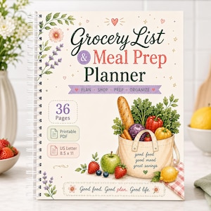 May include: A spiral-bound Grocery List & Meal Prep Planner with a cream cover featuring illustrations of fresh produce, a tote bag, and floral accents. The text reads Grocery List & Meal Prep Planner, 36 Pages, Printable PDF, US Letter 8.5 x 11.