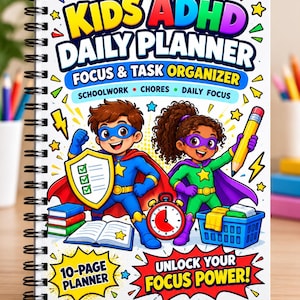 子供向けADHDデイリープランナー（印刷可能なPDF）、集中力タスクオーガナイザー、学校の勉強と家事チャート、実行機能、子供の整理整頓、A4サイズ10ペー​​ジ