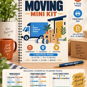 Può includere: Un set di pianificazione stampabile con rilegatura a spirale intitolato Moving Mini Kit, che mostra un camion per traslochi blu, scatole di cartone e una chiave. Include 4 pagine da 21,59 x 27,94 cm con liste di controllo per il trasloco.