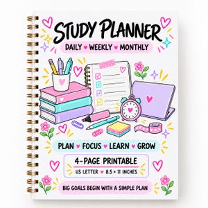 Può includere: Un'agenda di studio a spirale con copertina bianca illustrata con libri, un computer portatile, un orologio e articoli di cancelleria. Il testo recita: STUDY PLANNER, DAILY WEEKLY MONTHLY, PLAN FOCUS LEARN GROW, 4-PAGE PRINTABLE, US LETTER 8.5 x 11 INCHES.