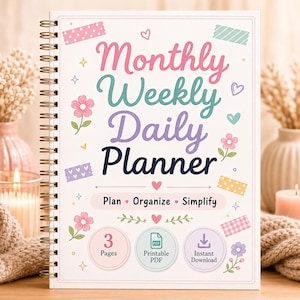 May include: A spiral-bound planner with a white cover featuring the text Monthly Weekly Daily Planner in pink, teal, purple, and dark blue. The cover includes illustrations of pink and purple flowers, hearts, stars, and decorative tape strips.