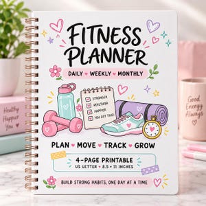 Könnte beinhalten: Ein weißer Fitnessplaner mit Spiralbindung und dem Text FITNESS PLANNER, DAILY WEEKLY MONTHLY, PLAN MOVE TRACK GROW, 4-PAGE PRINTABLE US LETTER 8.5 x 11 INCHES sowie BUILD STRONG HABITS, ONE DAY AT A TIME. Mit Illustrationen einer Trinkflasche, Hanteln, einer Checkliste, einer Yogamatte, einem Sportschuh und einer Stoppuhr.