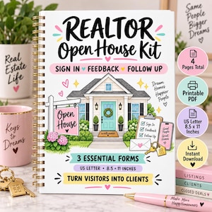 May include: A spiral-bound Realtor Open House Kit with a white cover featuring a house illustration, text reading Realtor Open House Kit, Sign In, Feedback, Follow Up, and 3 Essential Forms. Includes US Letter 8.5 x 11 inches text and icons.