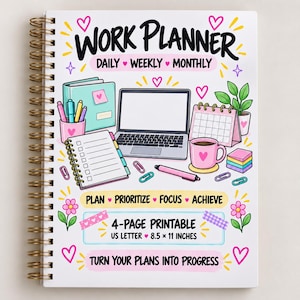 Może przedstawiać: Planer pracy ze spiralą i białą okładką, ozdobiony ilustracjami laptopa, notatnika, kalendarza i przyborów biurowych. Tekst głosi: WORK PLANNER DAILY WEEKLY MONTHLY, PLAN PRIORITIZE FOCUS ACHIEVE, 4-PAGE PRINTABLE US LETTER 8.5 x 11 INCHES.
