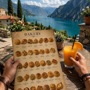 May include: A rectangular, tan-colored bakery menu printed on aged paper, featuring thirty-five numbered illustrations of various baked goods, including rolls, pastries, and savory pies, with the word BAKERY centered at the top in black text.