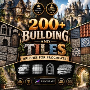 May include: A digital asset collection titled 200+ BUILDING AND TILES BRUSHES FOR PROCREATE. The image features medieval castle architecture, stone wall textures, roof tiles, and arched windows. It includes Procreate branding and icons.
